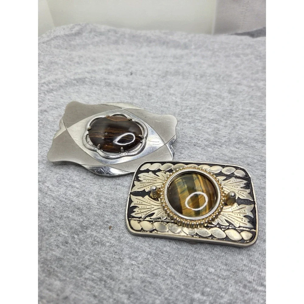 Lot 2 Vintage Womens Tiger Eye Brown Agate Stone Southwestern Belt Buckles